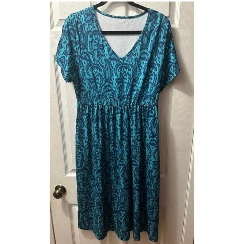 Teal Navy Damask Paisley V-Neck Empire Waist Midi Dress 0XL